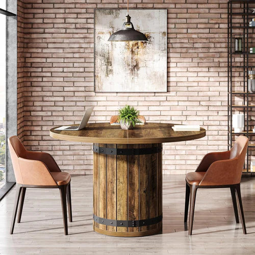 39.37" Round Conference Table Farmhouse Meeting Room Table for 4 with Pedestal Base MDF Wooden Office Dining Table Rustic Brown