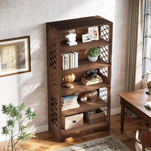 Bookshelf 70.8" Freestanding 6-Tier Bookcase Display Rack with Storage Shelves and X-Shaped Design Brown