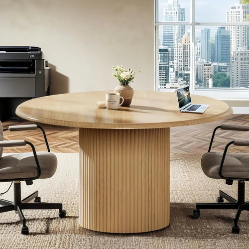 47" Round Conference Table with Fluted Metal Base, Meeting Table for 4–6 People, Modern Office Desk Light Brown