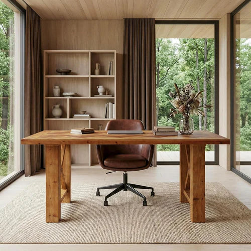 Computer Desk 63" Solid Wood Herringbone Parquet Top Executive Office Desk Brown