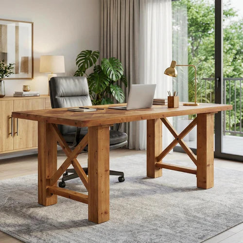 Computer Desk 63" Solid Wood Herringbone Parquet Top Executive Office Desk Brown