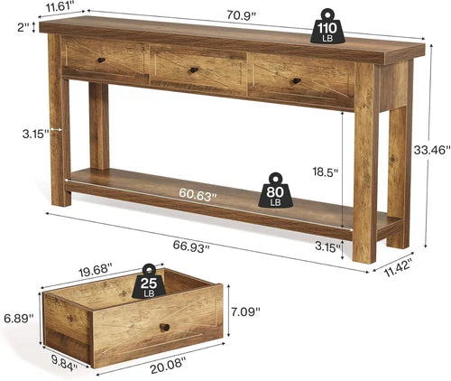70.9" Farmhouse Console Table with 3 Drawers, Narrow Entryway Sofa Table with Storage Shelf Rustic Brown