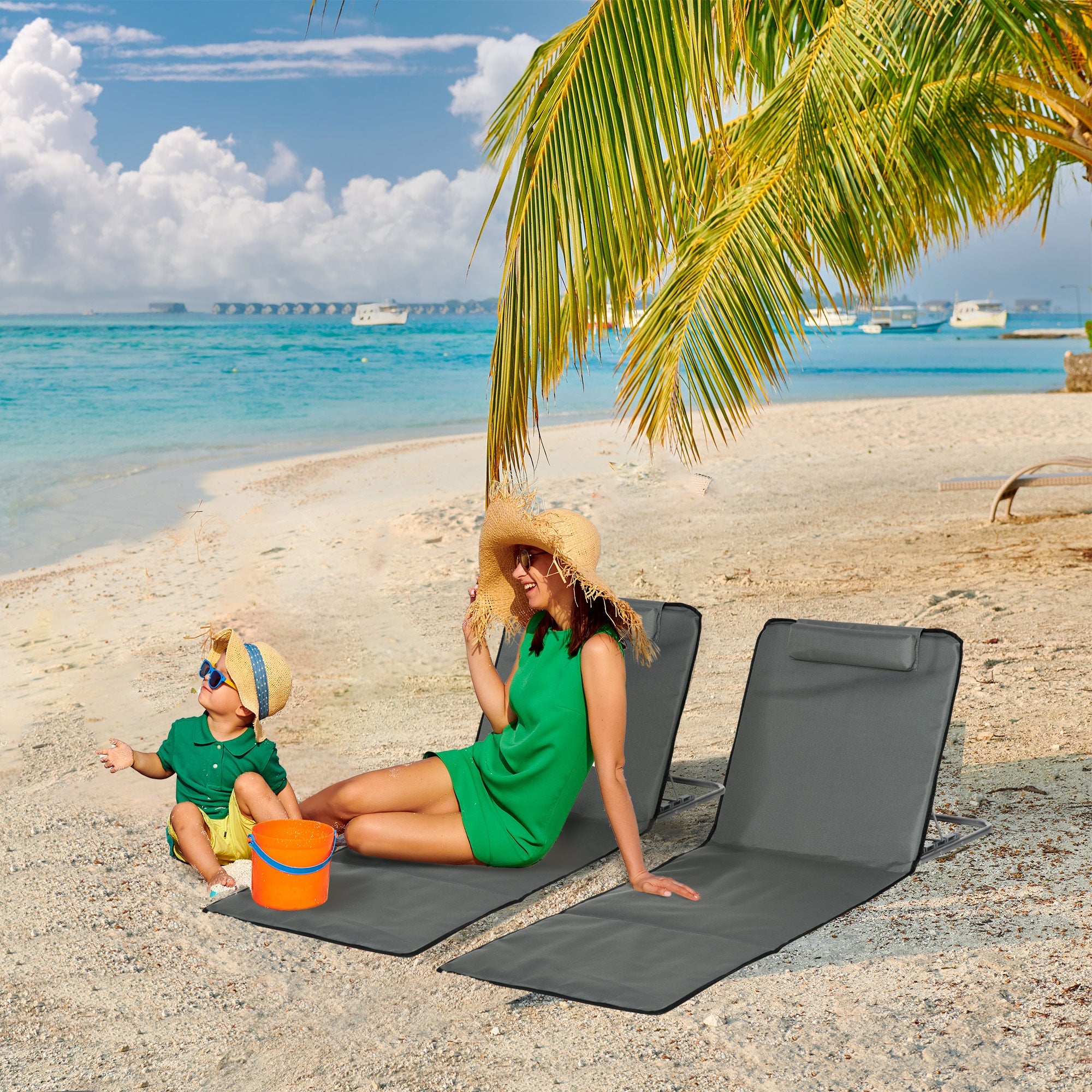 Outsunny Sun Lounger Beach Mat Set of 2 Folding Grey Adjustable Back Steel Frame Head Pillow Carry Bag