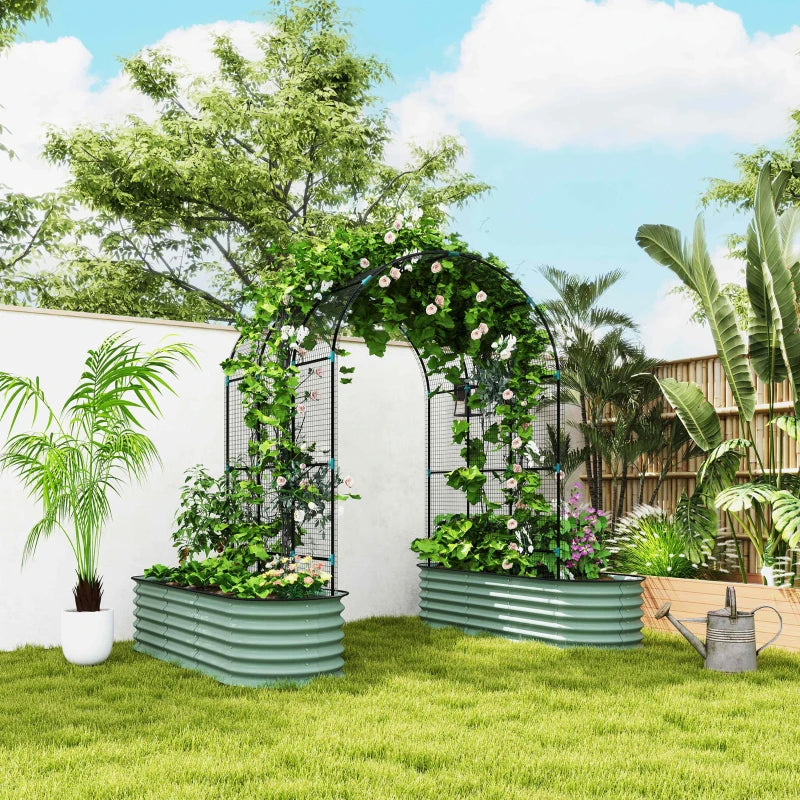 Galvanized Raised Garden Beds with Arch Trellis, Metal Planter Box with Climbing Net, Rubber Strap Edging, Open Bottom