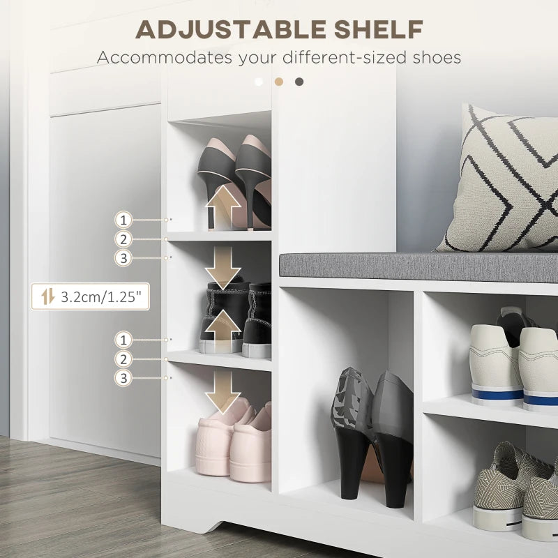 Upholstered Shoe Storage Bench w/ Seat, Entrance Bench w/ Drawer and 6 Open Shelves for Hallway, White