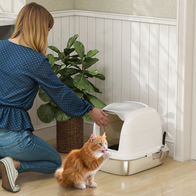 Large Stainless Steel Cat Litter Box with Lid, Enclosed Cat Litter Box with Flip Cover, Scoop
