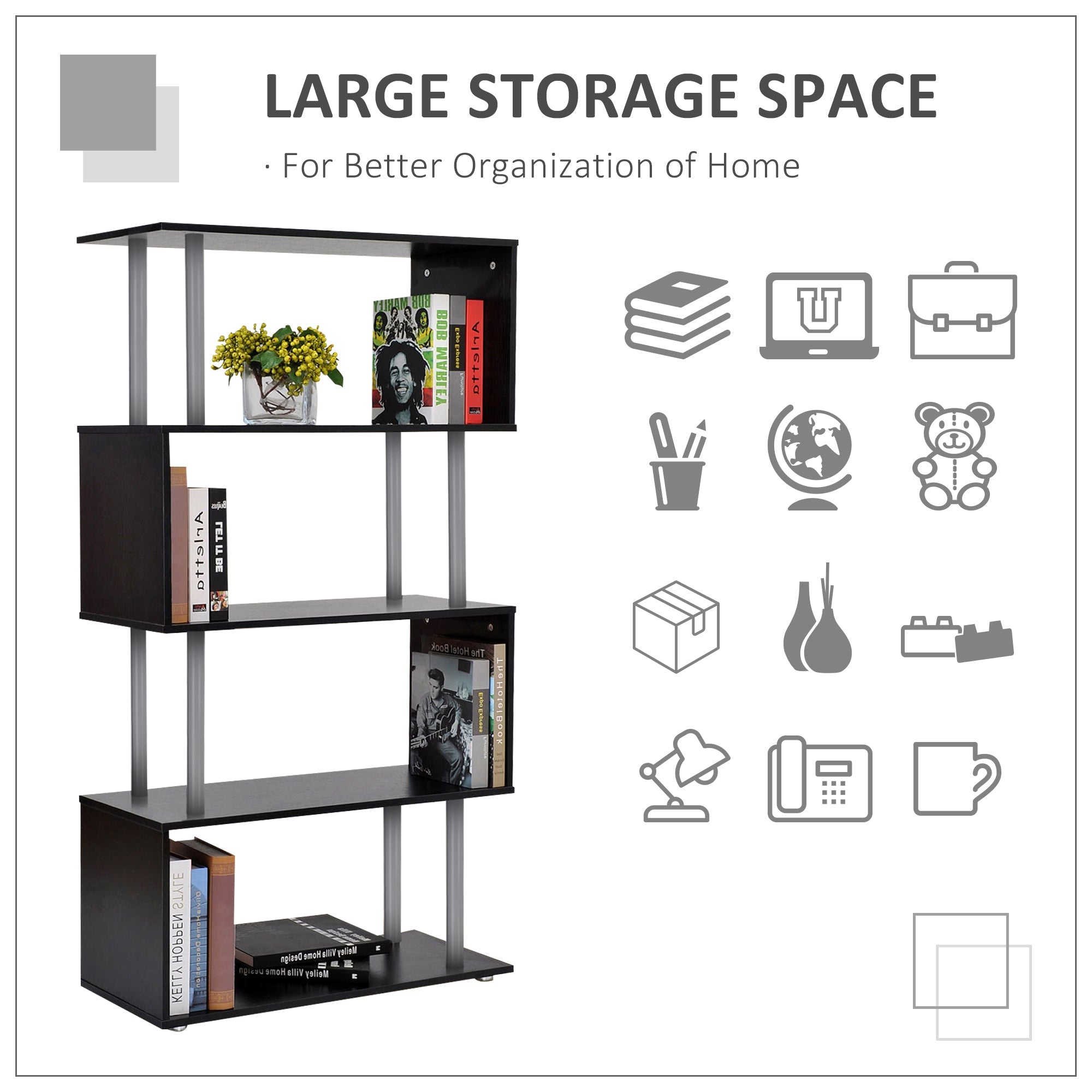 HOMCOM 5-Tier Z-Shape Bookcase: Wooden Shelves with Steel Frame for Living Room, Bedroom, Office, Black