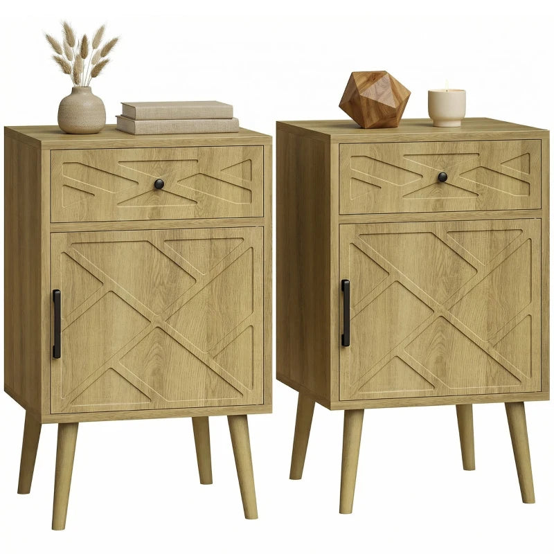 Nightstand Set of 2, Bedside Table Set with Drawer and Cabinet, Side End Table with Storage for Living Room, Oak