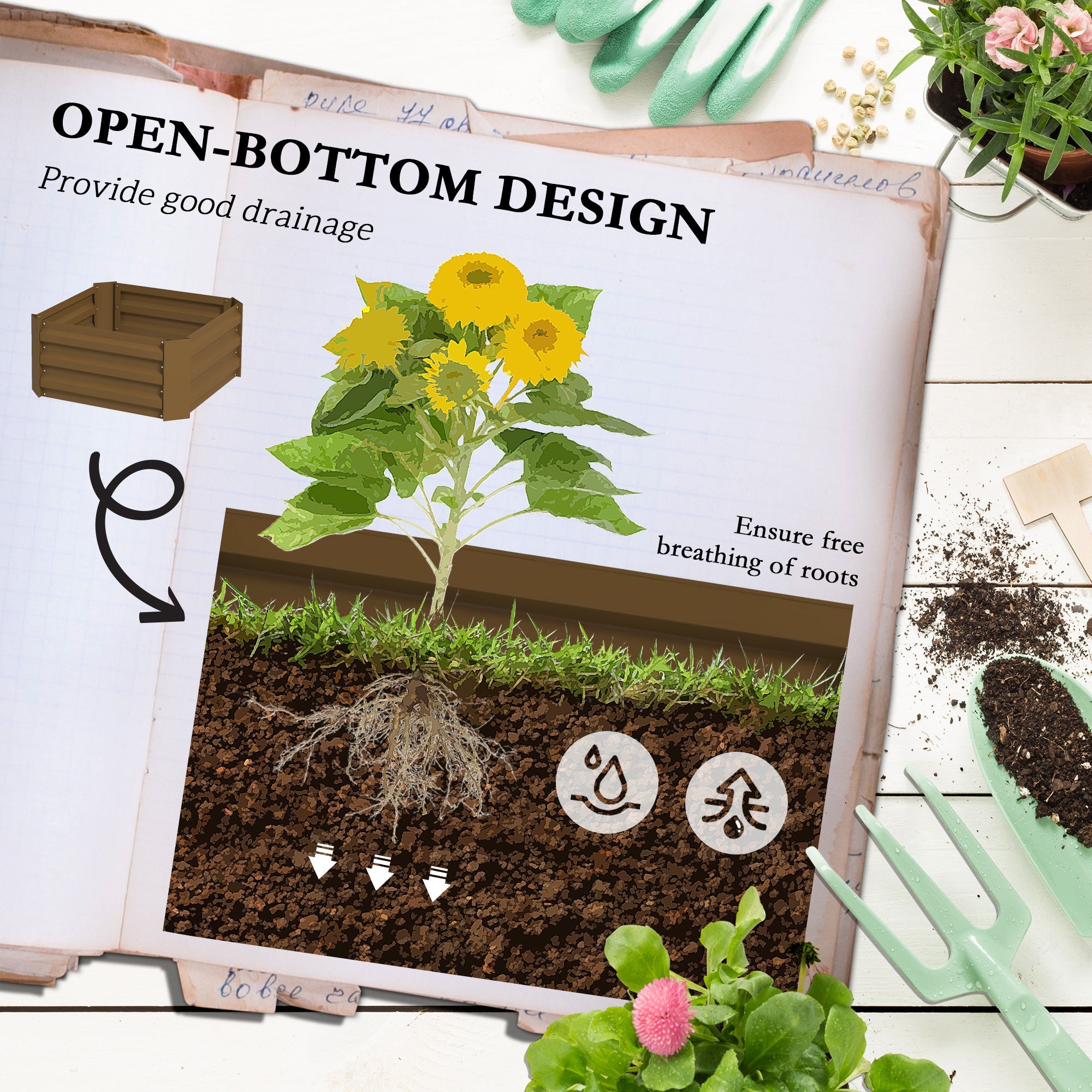 Outsunny Durable Galvanized Planter Box with 3-Tier Trellis for Climbing Plants Outdoor Raised Garden Bed Brown