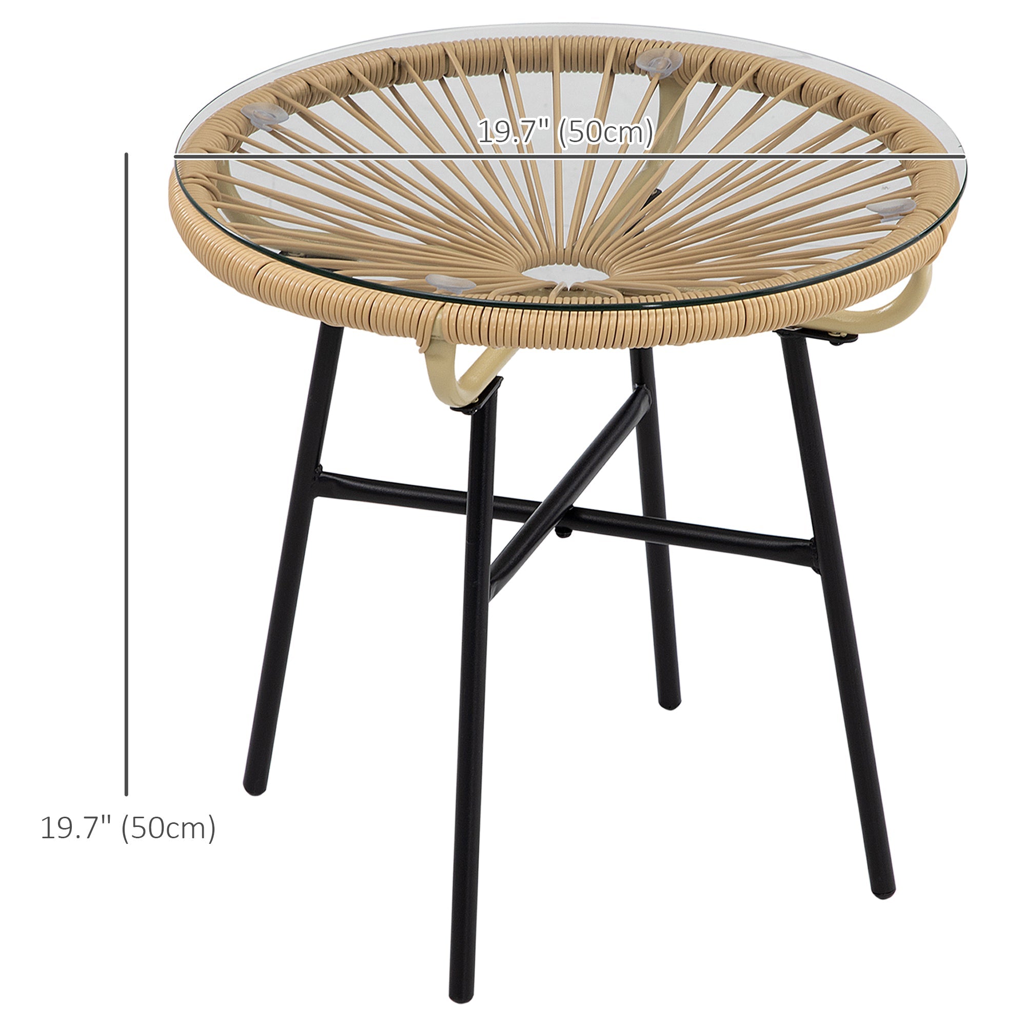 Outsunny Rattan Side Table Round Outdoor with PE Rattan Tempered Glass Top Patio Garden Beige