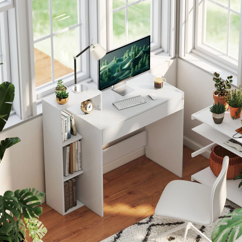 Desk with Storage, Computer Desk with 3 Open Shelves and Drawer White