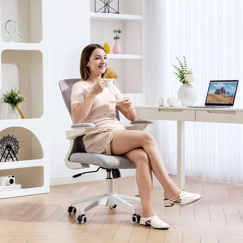 Ergonomic Office Chair, Swivel Desk Chair with Adjustable Lumbar Support and Height, Flip-up Armrests, Wheels, Grey