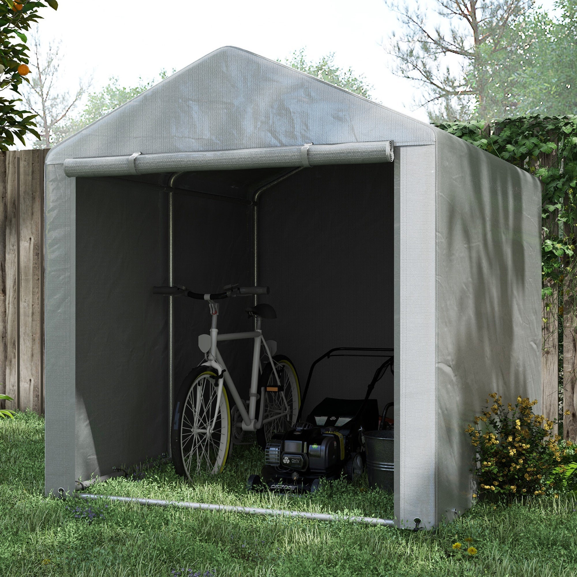 Outsunny Portable Bicycle Shed with Galvanized Steel Frame and Large Door, Waterproof Outdoor Shed for Garden Tools, Light Grey