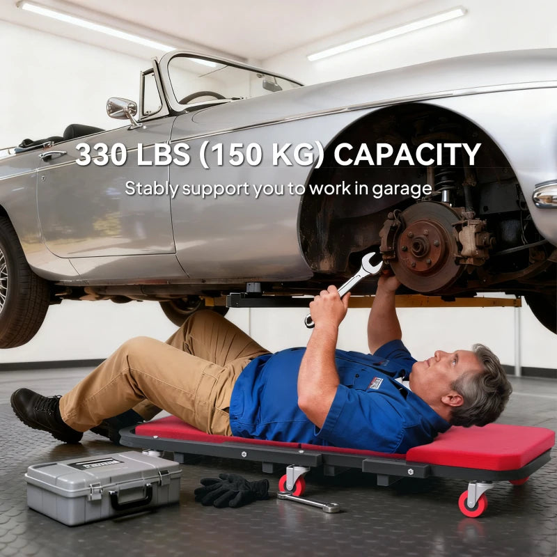 Automotive Z Creeper Seat, 2-in-1 330 lbs Rolling Garage Mechanic Creeper & Stool with Pad, 6 Wheels, Red