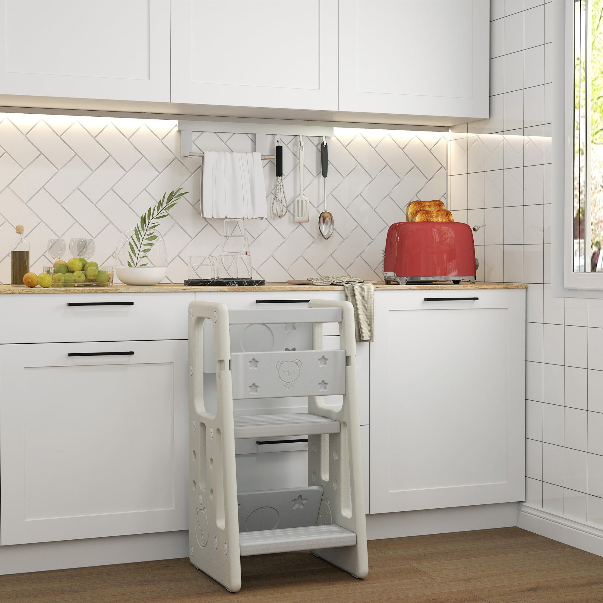 Qaba Kids Step Stool Adjustable Standing Platform Cream White