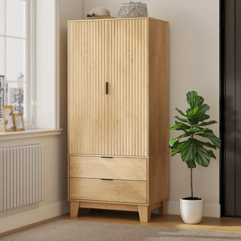 Modern Wardrobe Closet, Freestanding Armoire with Soft-Close Doors, 2 Drawers and Hanging Rod for Bedroom, Natural