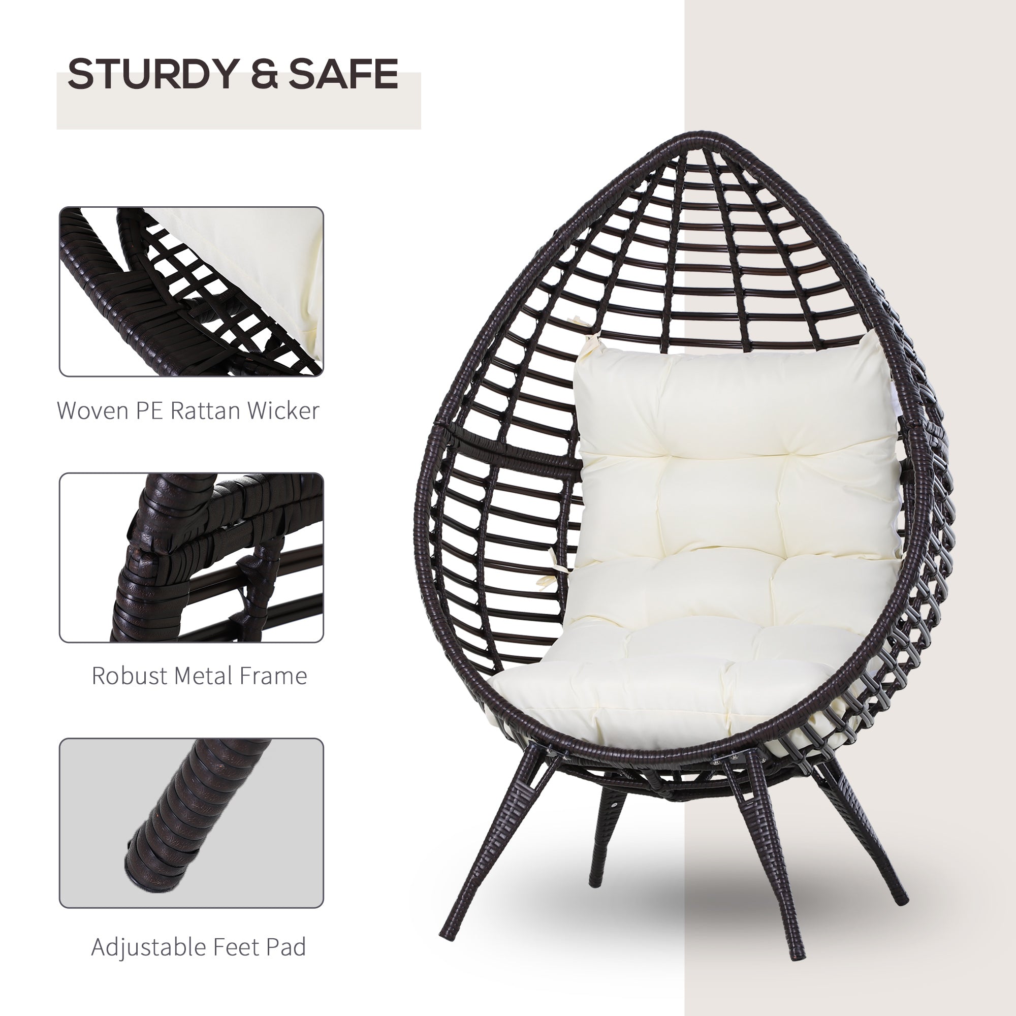 Outsunny Rattan Wicker Egg Chair Lounge Chair with Cushion Outdoor Indoor Adjustable Brown 352lbs Capacity