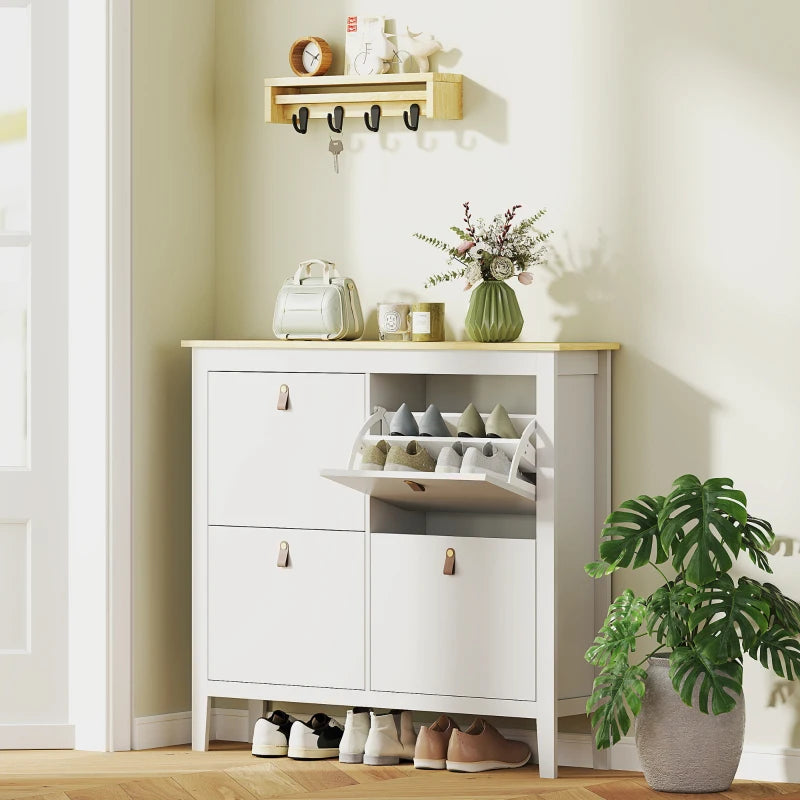 Narrow Shoe Cabinet with 4 Flip Drawers, Adjustable Shelves for Entryway, Holds 12-20 Pairs, White