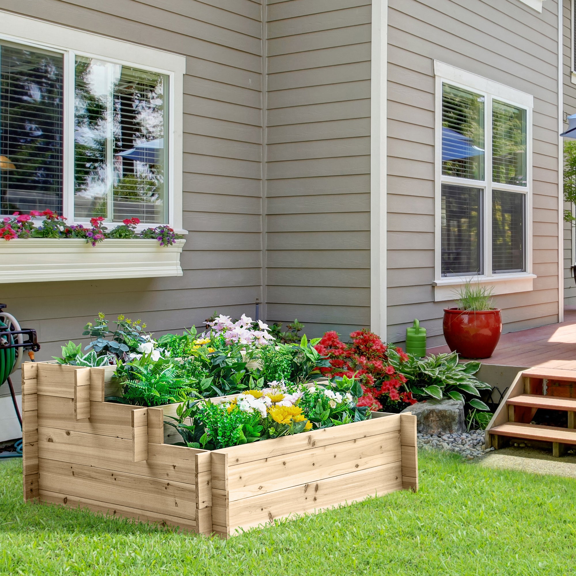 Outsunny 3-Tier Wooden Raised Garden Bed - Elevated Outdoor Vegetable & Flower Planting Box, Herb Garden Indoor Kit, Natural