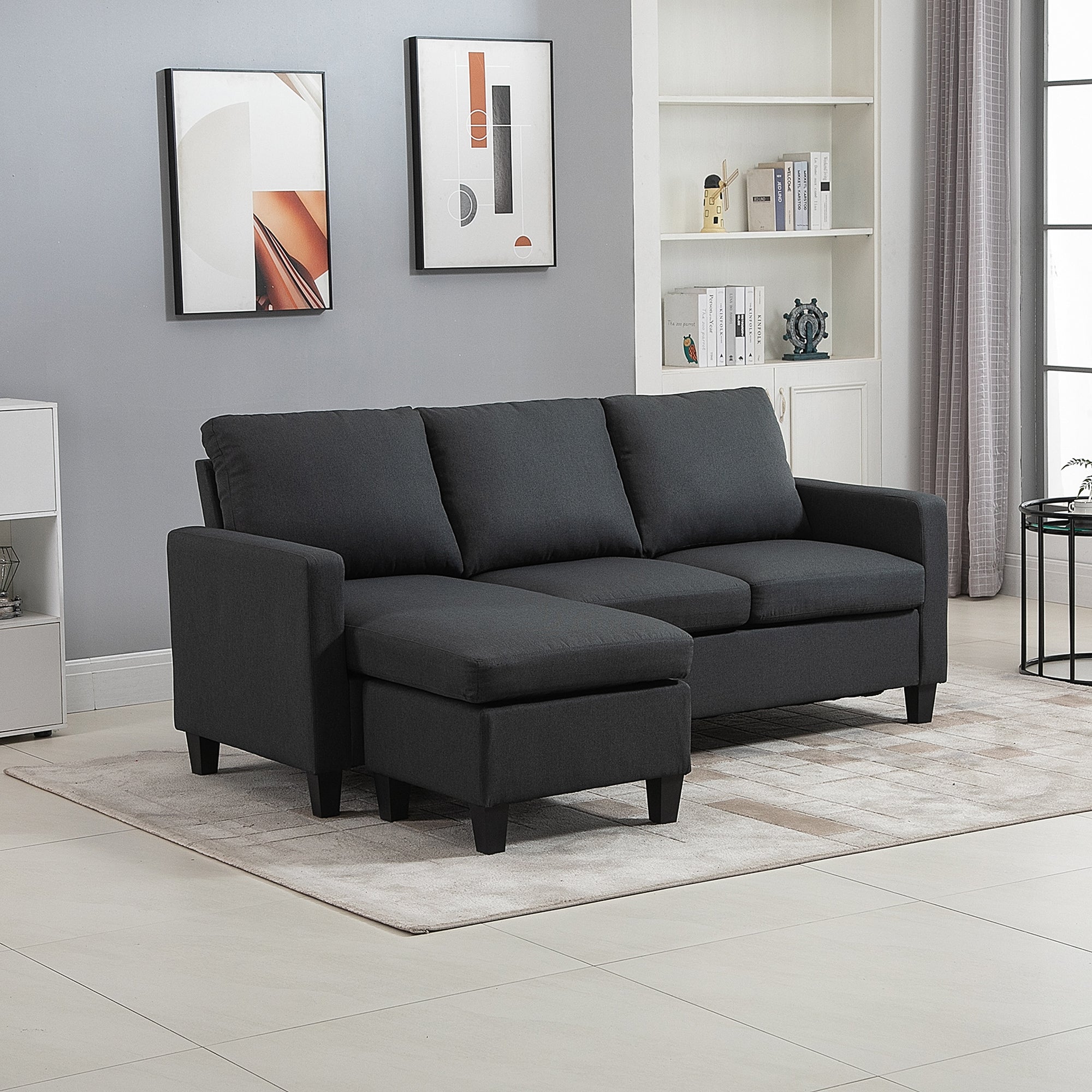 HOMCOM L Shape Sofa Modern Sectional Couch Reversible Ottoman Convertible Corner Sofa Living Room Dark Grey