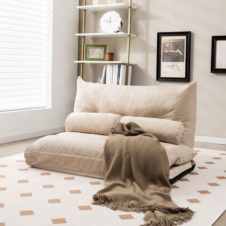 Modern Adjustable Floor Lounge Chair Sofa Bed with 2 Lumbar Pillows in Beige - Free Shipping