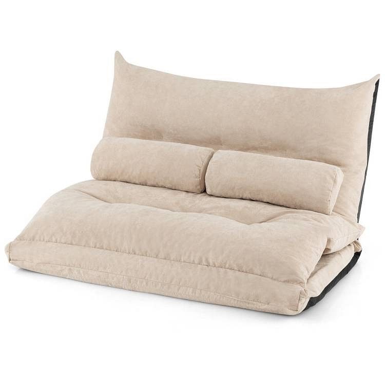 Modern Adjustable Floor Lounge Chair Sofa Bed with 2 Lumbar Pillows in Beige - Free Shipping