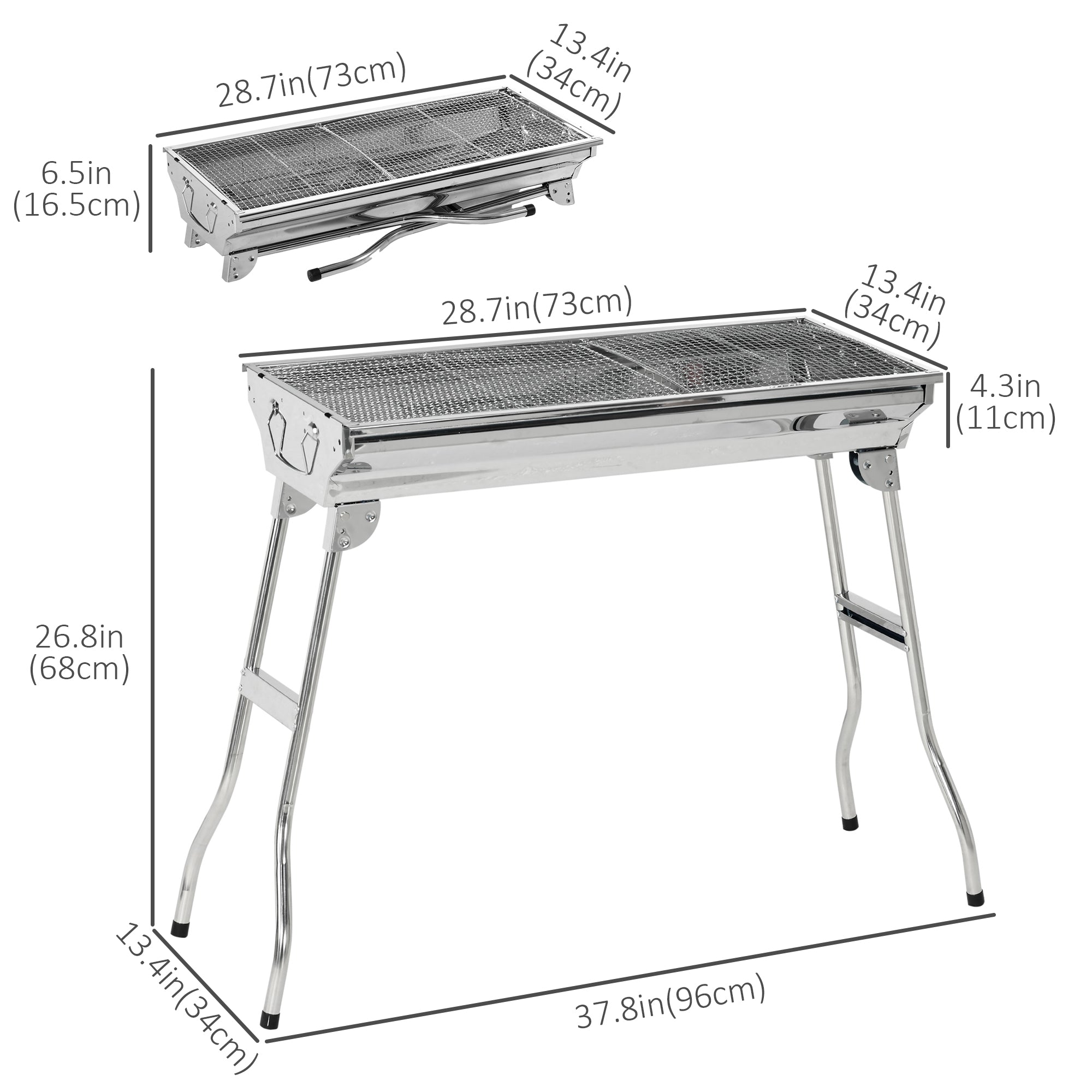 Outsunny Charcoal Grill Stainless Steel 37.8" x 13.4" Portable BBQ with Handles Tongs Cooking Camping Picnic Silver