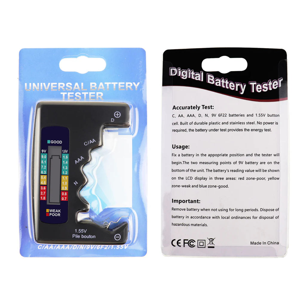 Universal Battery Tester with LCD Display for AA, AAA, C, D, N, 9V & Button Cell Batteries