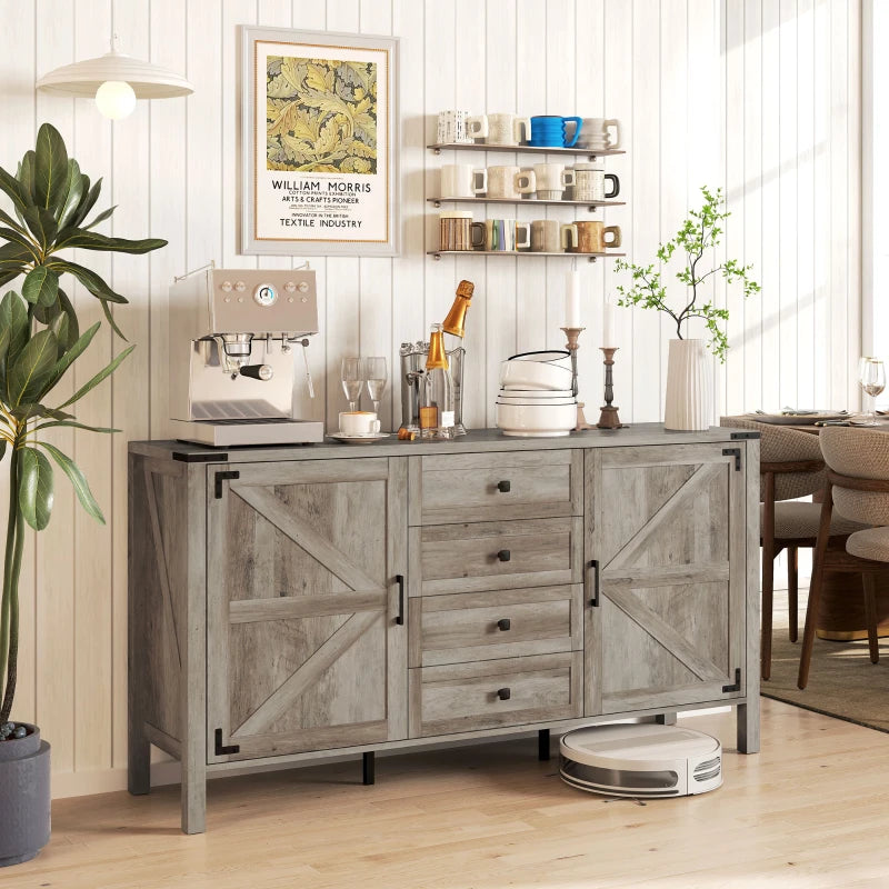 59" Buffet Cabinet, Farmhouse Sideboard with Thick Top, 2 Barn Doors, 4 Drawers and 2 Adjustable Shelves, Grey