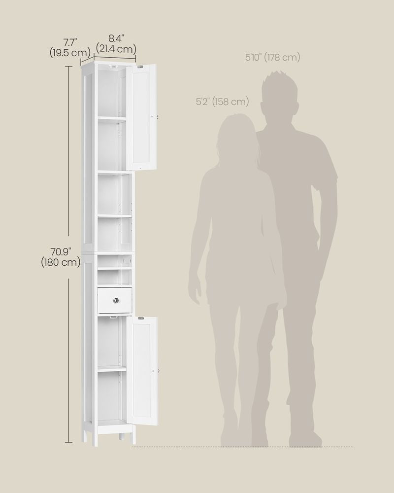 VASAGLE Tall Slim Storage Cabinet with Drawer for Small Spaces – Cloud White