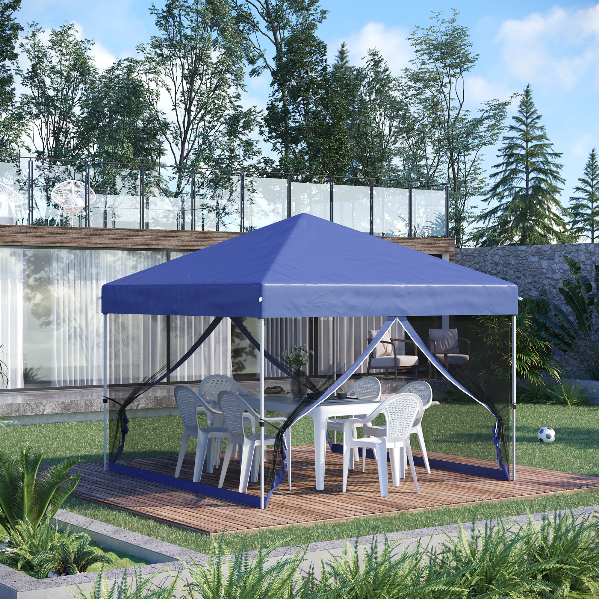 Outsunny 10' x 10' Pop-Up Party Tent Outdoor Canopy Tent with Mesh Sidewalls, 3-Level Adjustable Height, Roller Bag, Blue