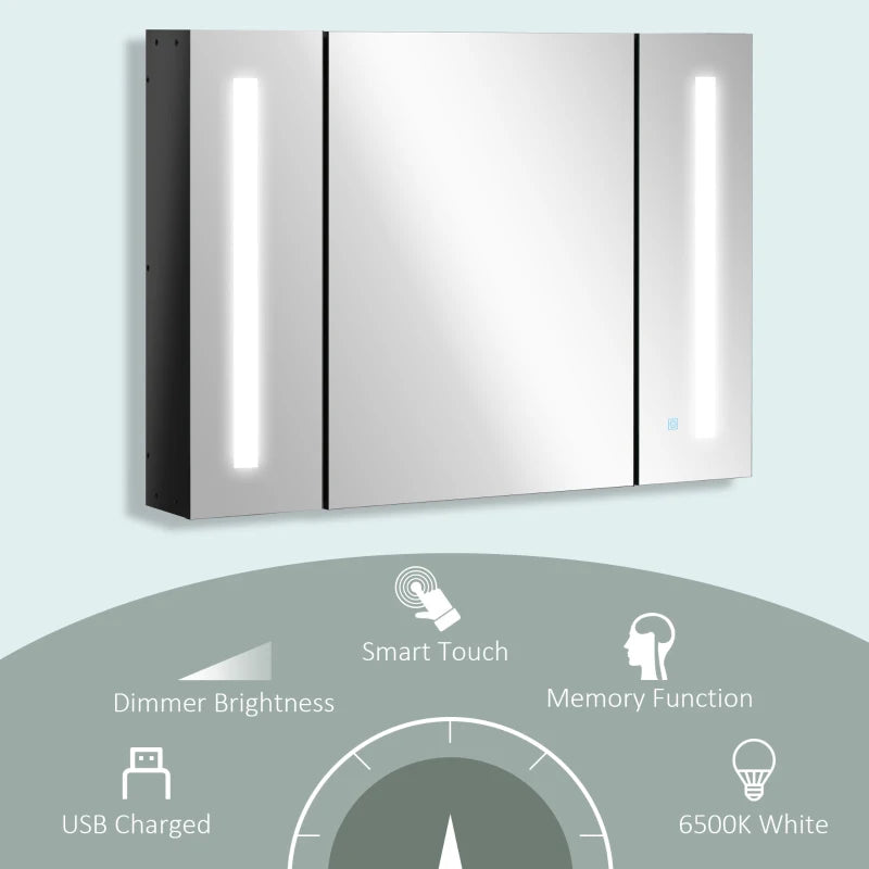 LED Medicine Cabinet with Mirror, Wall Mounted Bathroom Mirror Cabinet with Adjustable Shelves, High Gloss Black