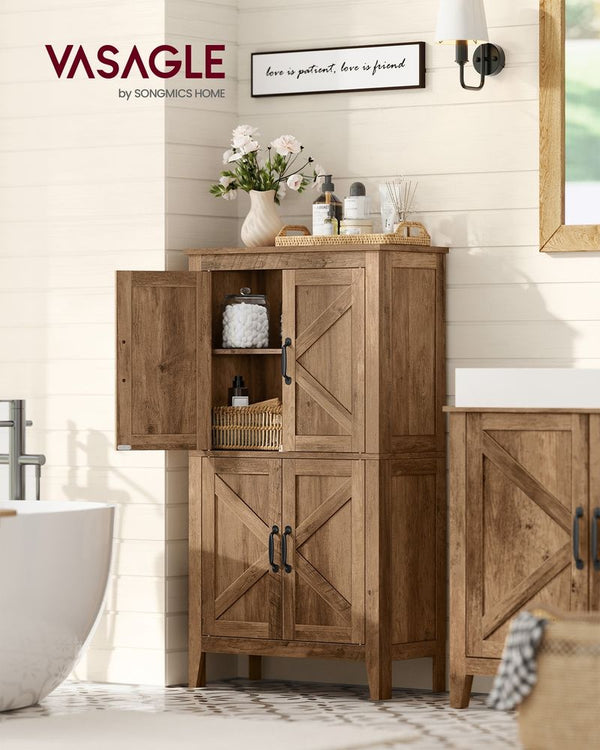 Farmhouse Storage Cabinet with 4 Barn Doors and Adjustable Shelves – Honey Brown