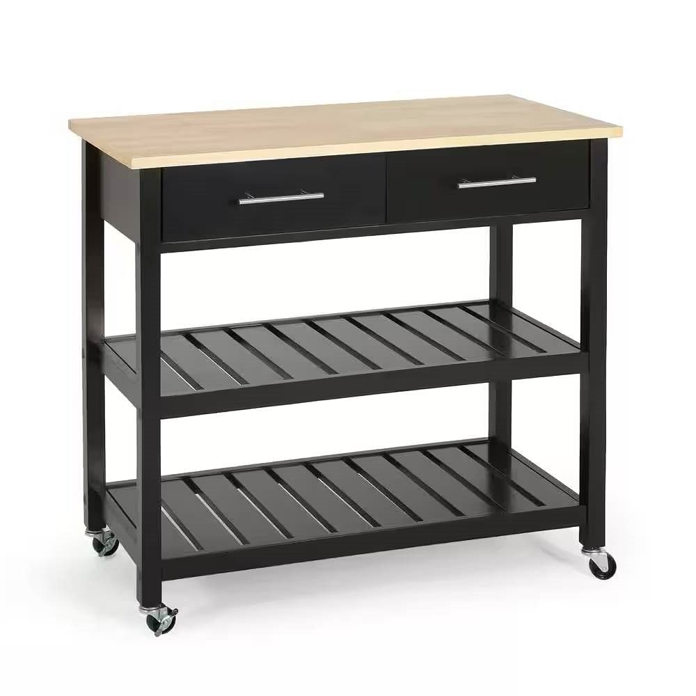 Modern Black Kitchen Island Cart with Wood Top 2 Drawers and 2 Bottom Shelves - Free Shipping