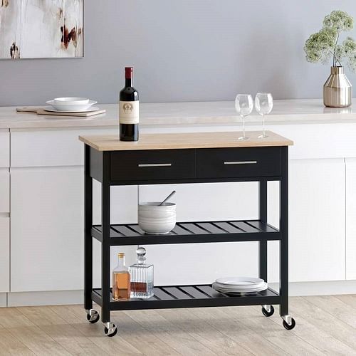 Modern Black Kitchen Island Cart with Wood Top 2 Drawers and 2 Bottom Shelves - Free Shipping