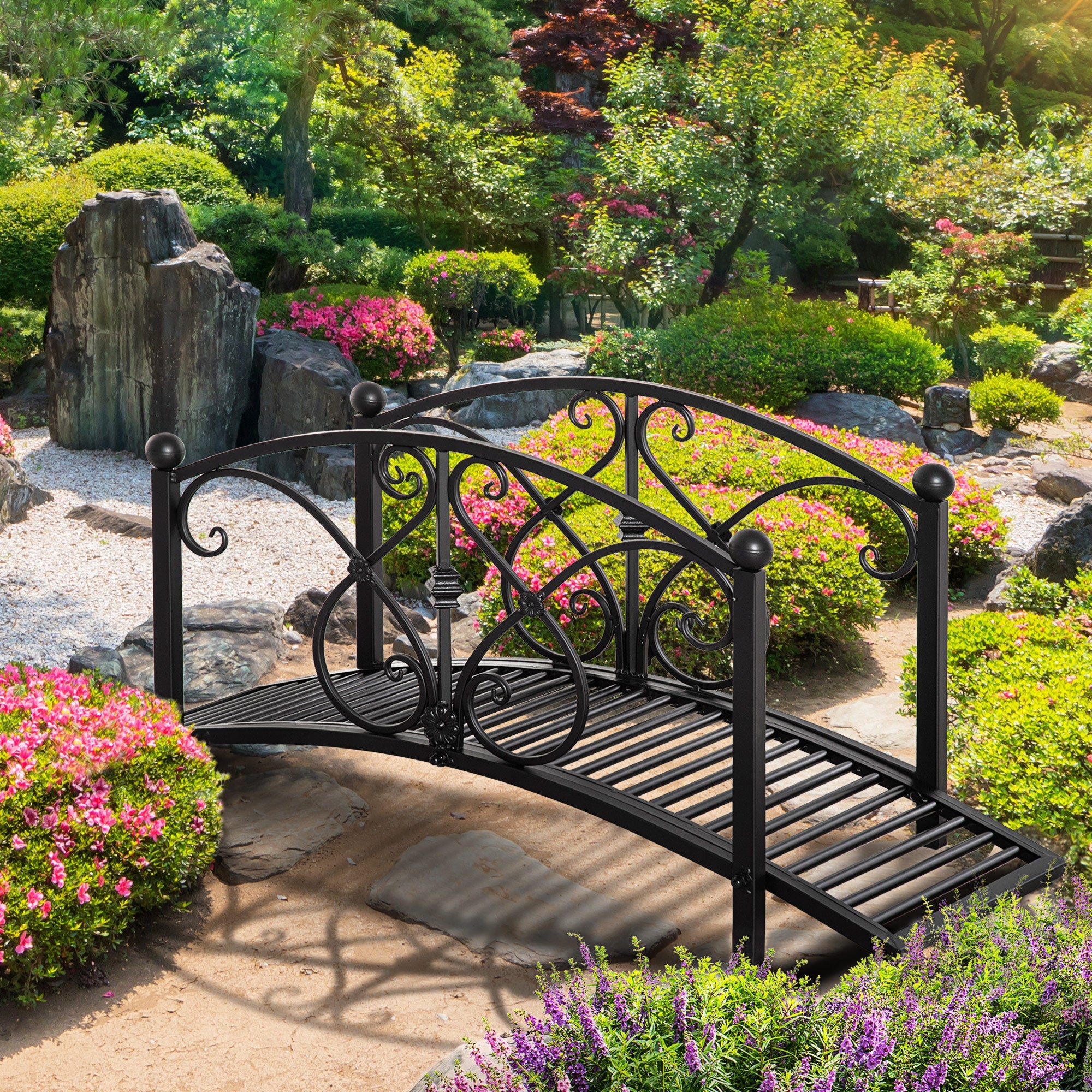 Outsunny Garden Bridge 3.3FT, Decorative Classic Backyard Pond Bridge with Safety Railings Black