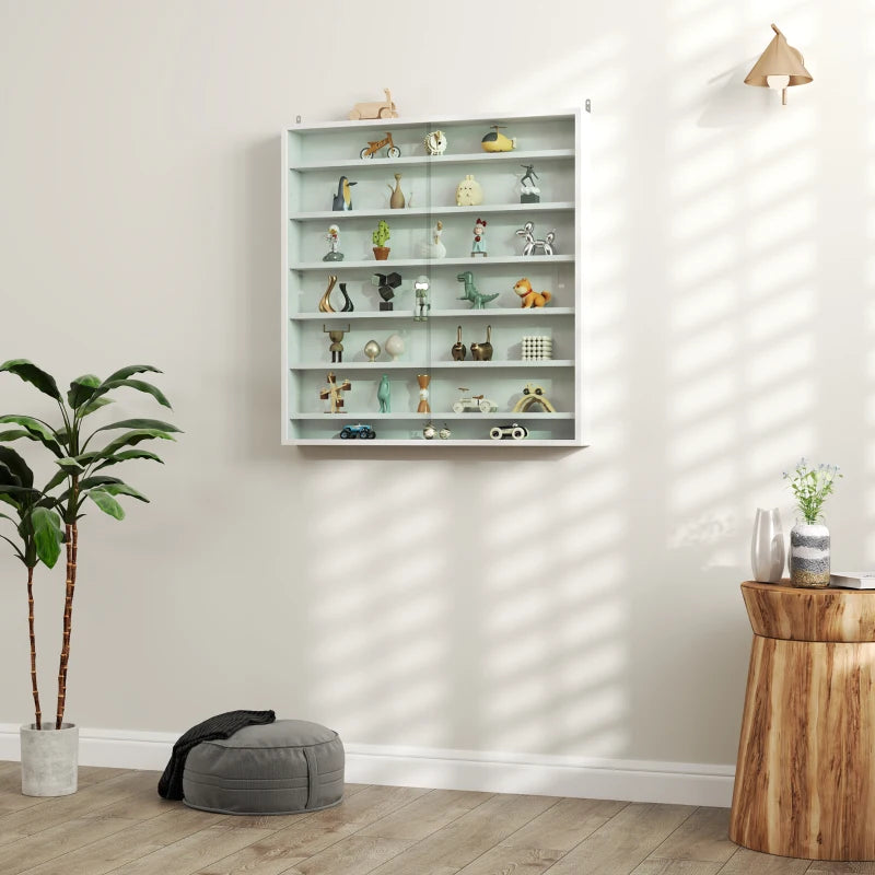 7-Tier Display Cabinet, Shot Glass Display Case, Glass Curio Cabinet with 2 Glass Doors and 6 Adjustable Shelves, White