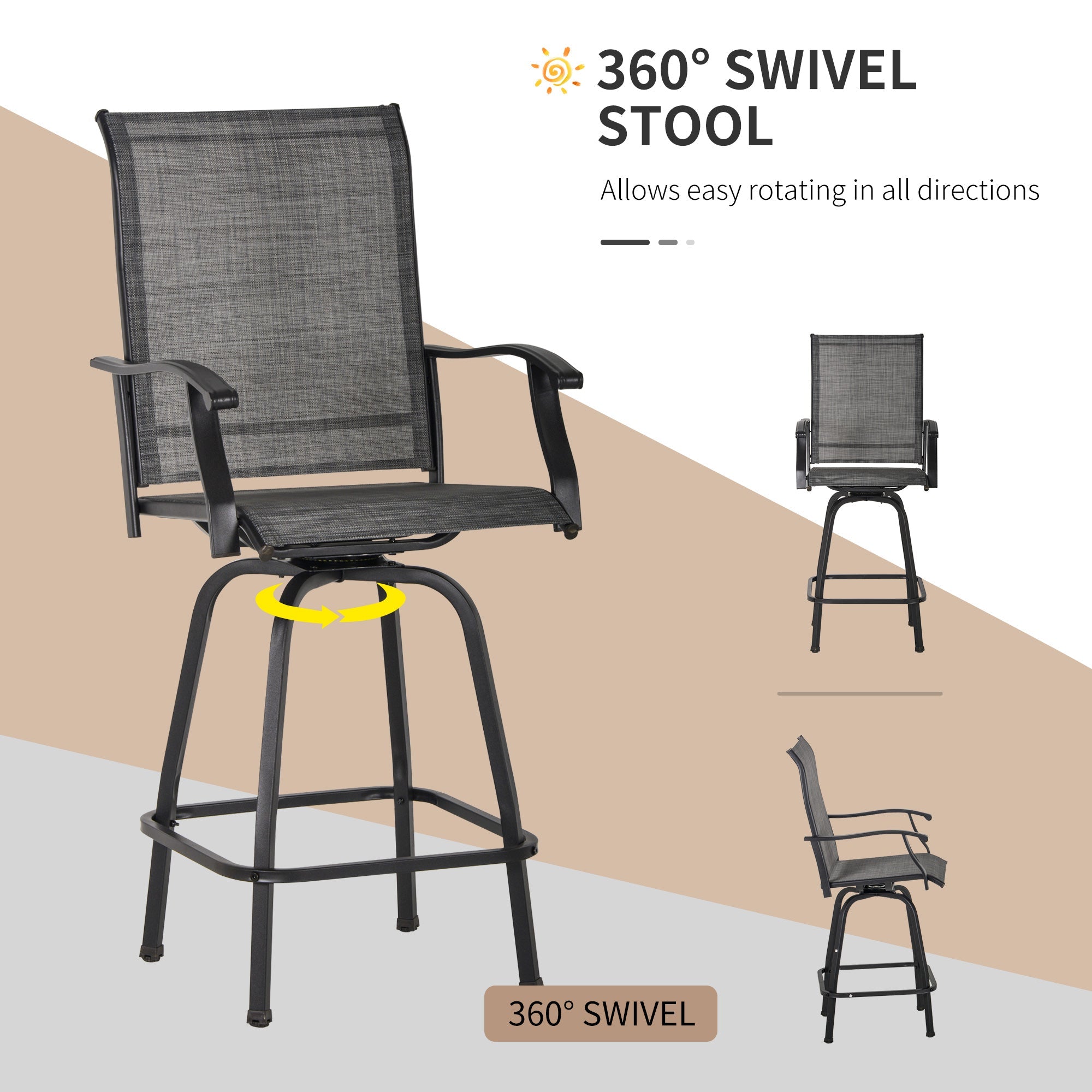 Outsunny 3 Piece Outdoor Patio Bar Set 2 Swivel Stool and 1 Bistro Table All-Weather Metal Frame for Balcony Backyard Deck Grey