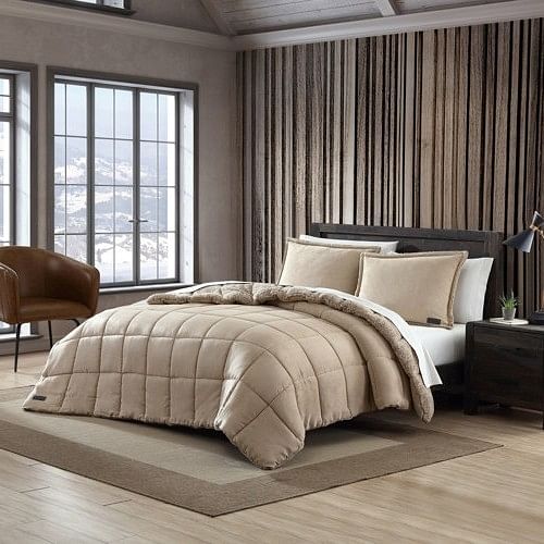 Full/Queen Plush Sherpa Reversible Micro Suede Comforter Set in Beige - Free Shipping