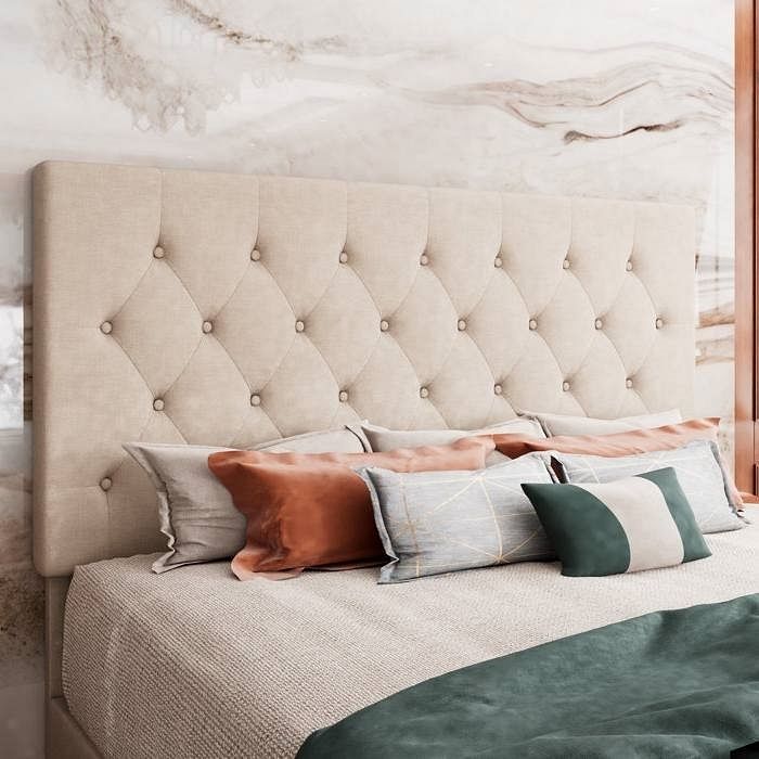 King Size Beige Linen Upholstered Platform Bed with Button-Tufted Headboard - Free Shipping