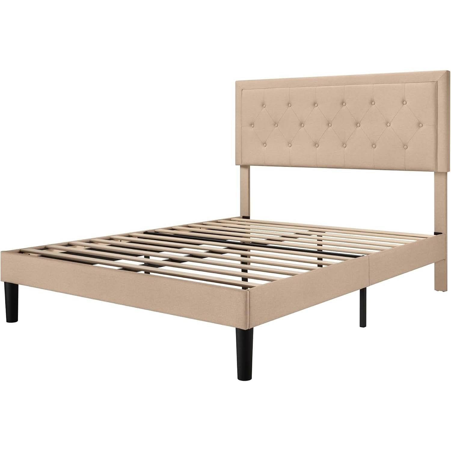 King size Beige Linen Platform Bed Frame with Button Tufted Headboard - Free Shipping