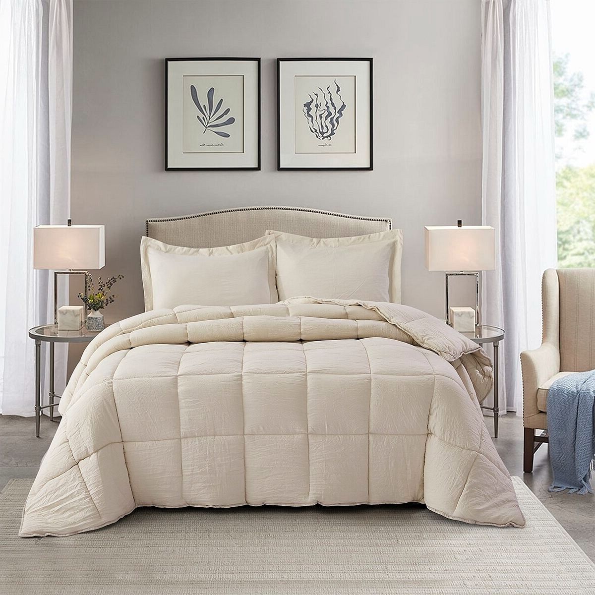 Queen Size Beige 3 Piece Microfiber Reversible Comforter Set - Free Shipping
