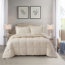 Queen Size Beige 3 Piece Microfiber Reversible Comforter Set - Free Shipping