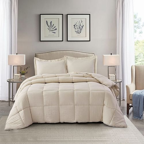 Queen Size Beige 3 Piece Microfiber Reversible Comforter Set - Free Shipping