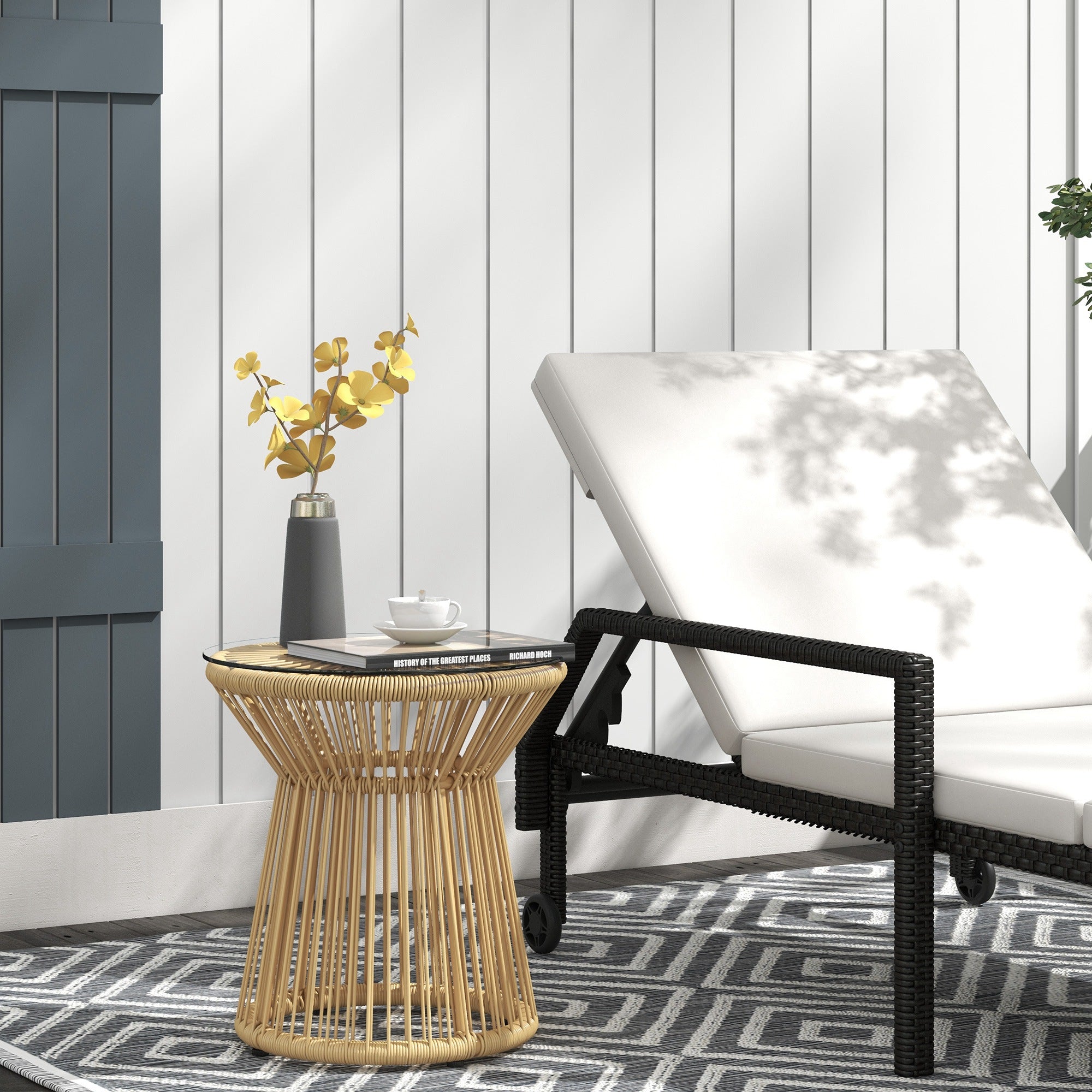 Outsunny Round End Table, Rattan Side Table, Hollow Drum Design Coffee Table w/ Glass Tabletop for Patio, Garden, Balcony, Beige