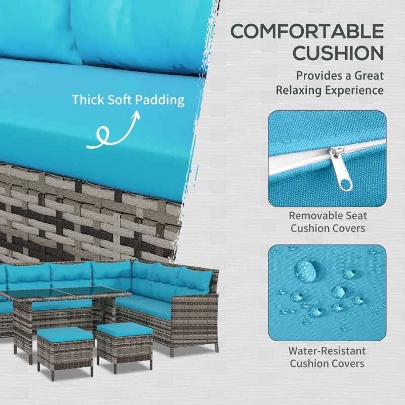 Outsunny 6pcs Outdoor Rattan Sofa Set Garden Wicker Sectional Couch Furniture Set with Dining Table and Chair Sky Blue