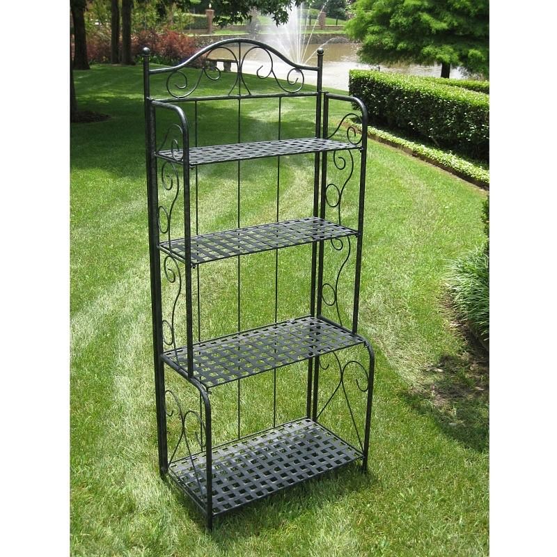 Indoor Outdoor Folding Black Metal Bakers Rack with 4-Tier Lattice Shelves - Free Shipping