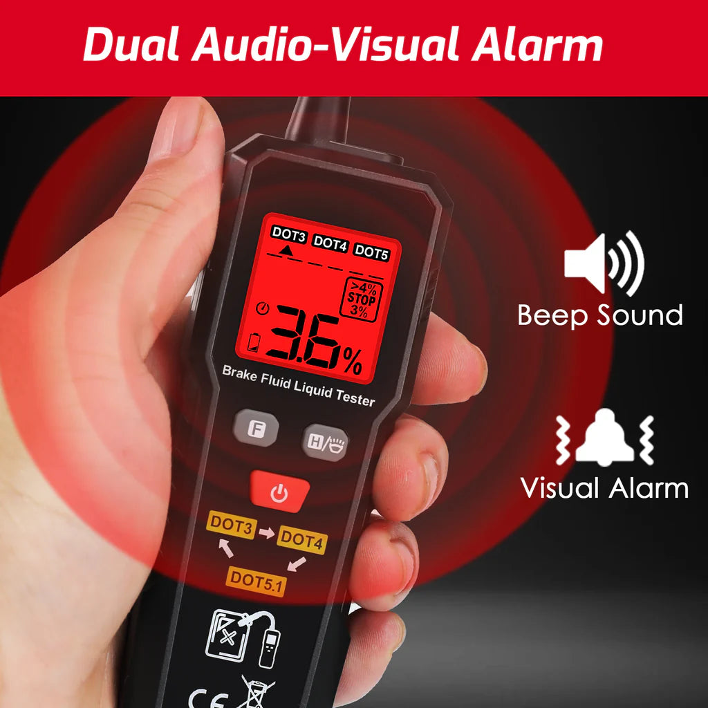 Digital Brake Fluid Tester for DOT 3, DOT 4 & DOT 5.1 with Color Backlight & Buzzer Alarm