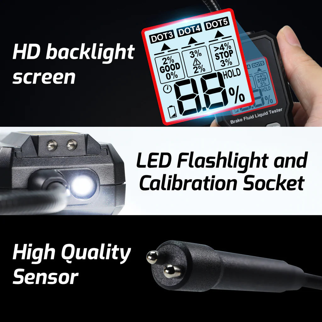 Digital Brake Fluid Tester for DOT 3, DOT 4 & DOT 5.1 with Color Backlight & Buzzer Alarm