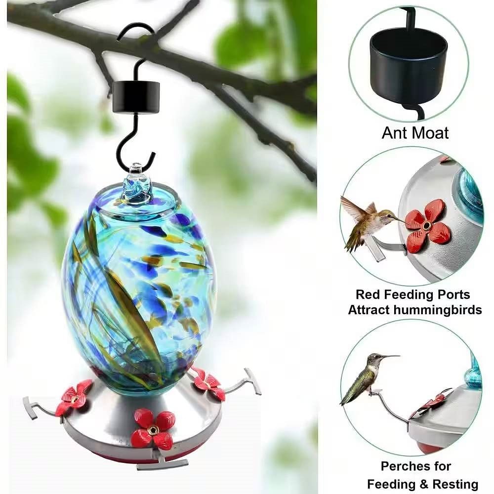 Blue Blown Glass Hummingbird Feeder with Perch and 4 Feeding Ports - Free Shipping